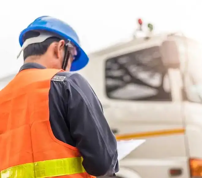 Worker in safety gear inspecting intermodal chassis